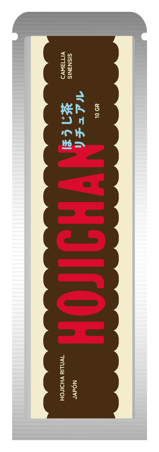 Sobre stick de Hojichan de 10 g, metálico con etiqueta café y crema