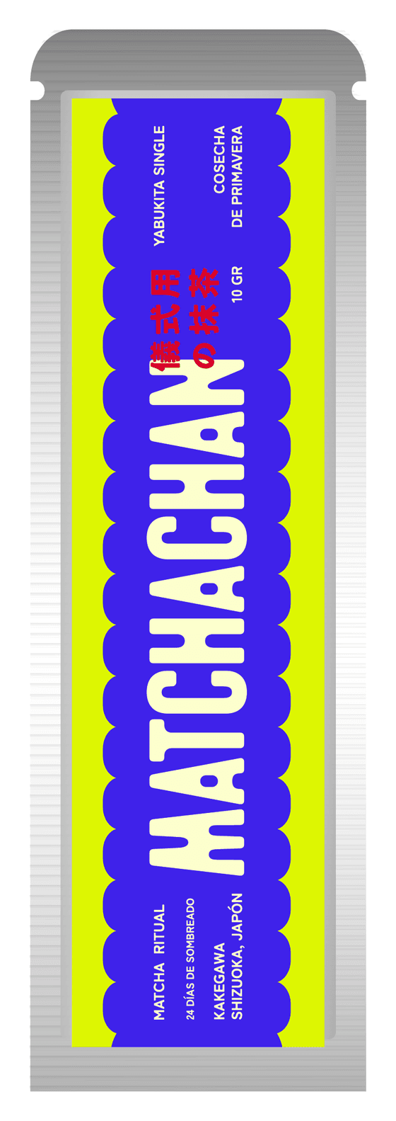 Sobre stick de Matchachan de 10 g, metálico con etiqueta azul y verde limón