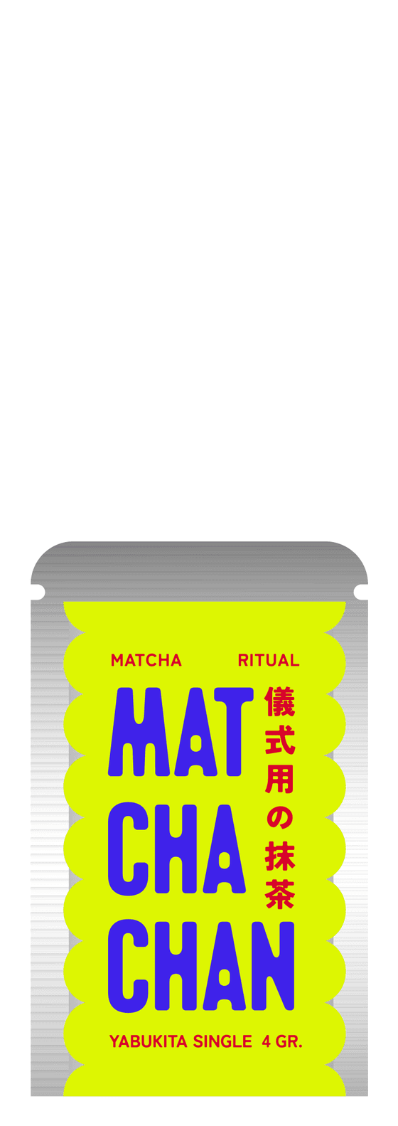 Sobre de Matchachan de 4 g, metálico con etiqueta verde limón y letras azules
